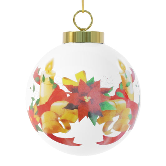 Festive Christmas Ball Ornament Featuring Winter Cabin and Poinsettias