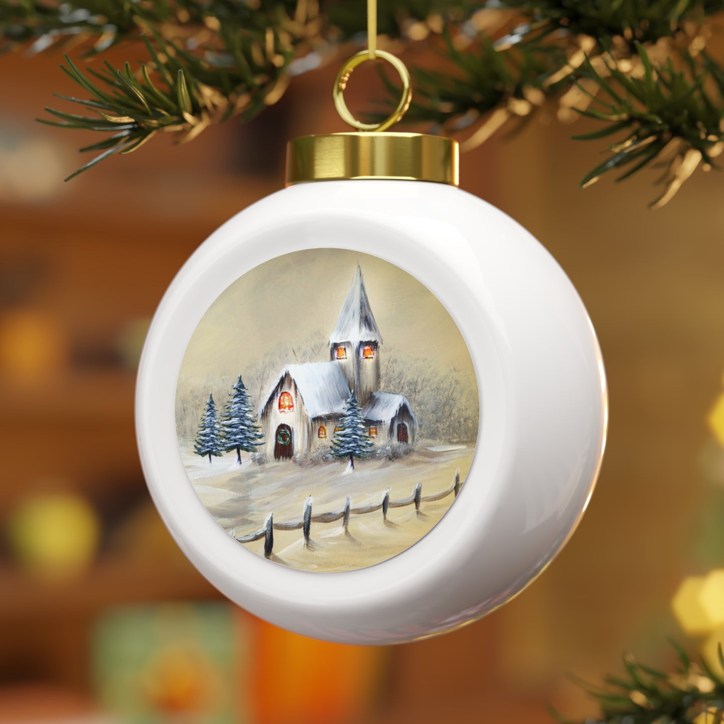 Festive Christmas Ball Ornament Featuring Winter Cabin and Poinsettias