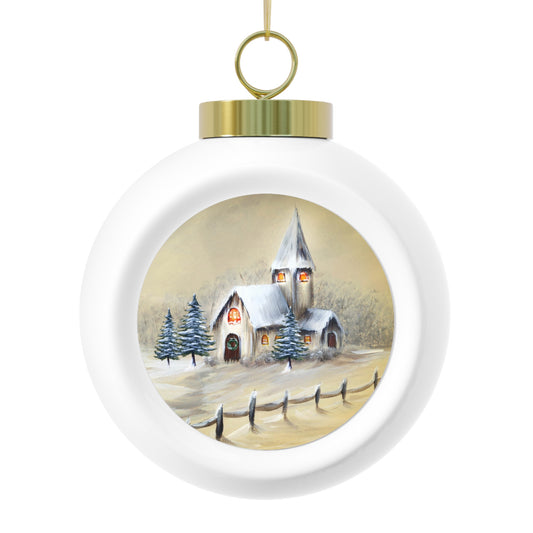 Festive Christmas Ball Ornament Featuring Winter Cabin and Poinsettias